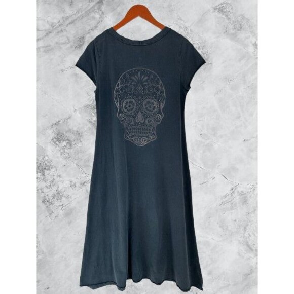 AROMA Sugar Skull Back Design Dress Boho Hipster Charcoal Gray Cotton Maxi - Picture 1 of 5